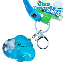Baby Smurf in 3D Wolkvorm Vloeibare Sleutelhanger met Bandje & Resin Figuur – De Smurfen Sleutelhanger – 5,5 cm.
